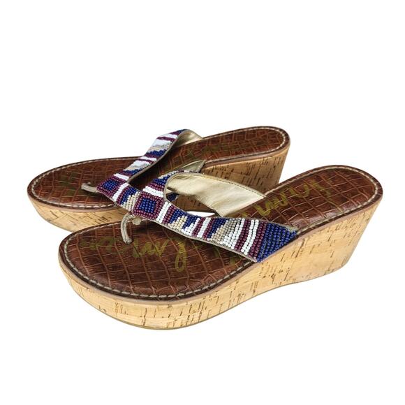 Sam Edelman Rosa Cork Platform Wedge Thong Sandals Beaded Boho Tribal - Picture 1 of 5